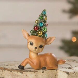 Bethany Lowe Christmas Merry & Bright Resting Reindeer w/ Bottlebrush Tree NEW